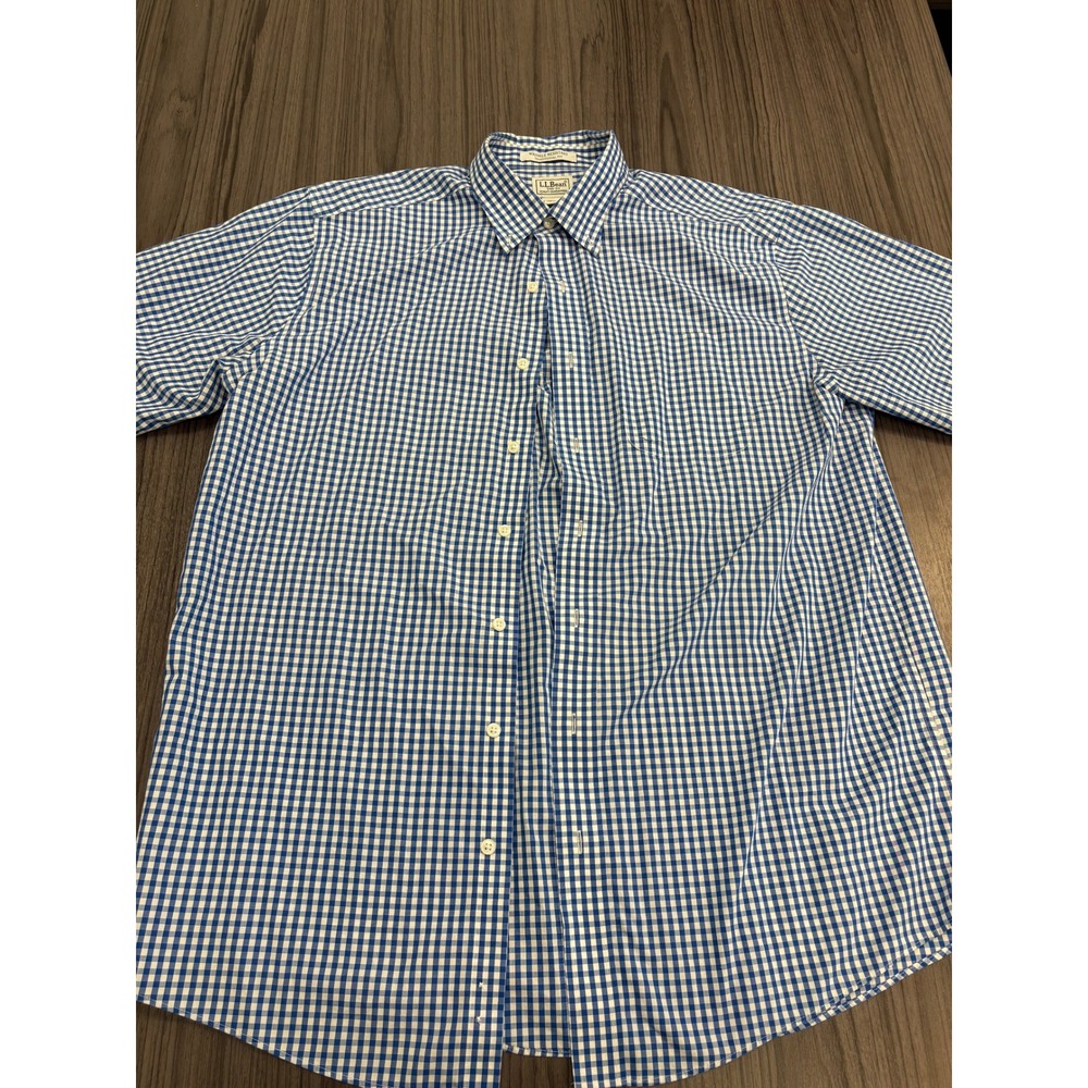 LL Bean Men's Wrinkle Resistant Shirt Blue White Gingham Check L Tall Cotton